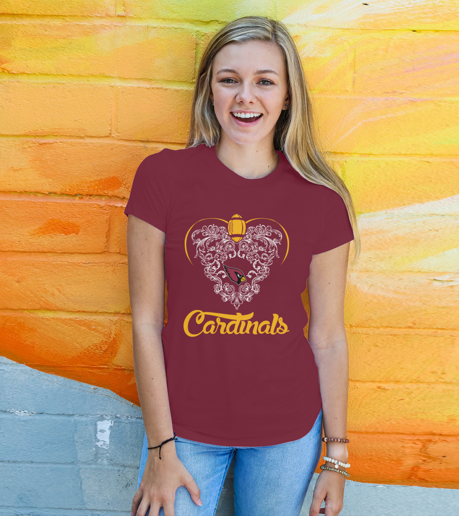 Cardinals Heart With Football And Arizona T-Shirt