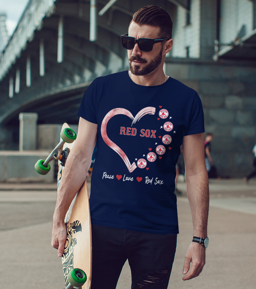 Peace Love Red Sox Heart With Boston Red Sox Logos And Stars T-Shirt