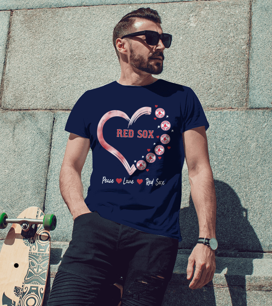 Peace Love Red Sox Heart With Boston Red Sox Logos And Stars T-Shirt