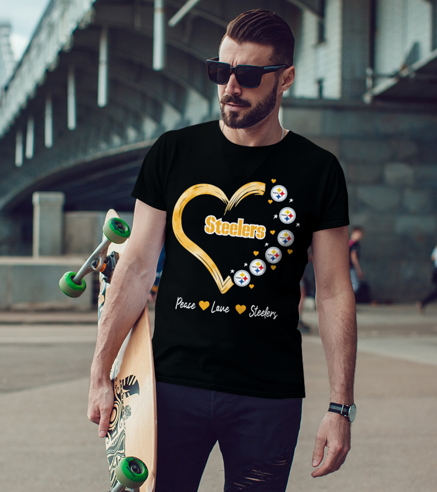 Peace Love Steelers Heart Filled With Pittsburgh Steelers Logos And Stars T-Shirt