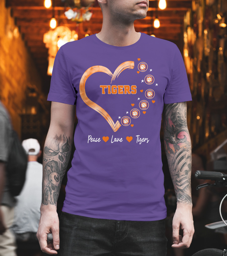 Peace Love Clemson Football Tigers Heart Paw Prints T-Shirt