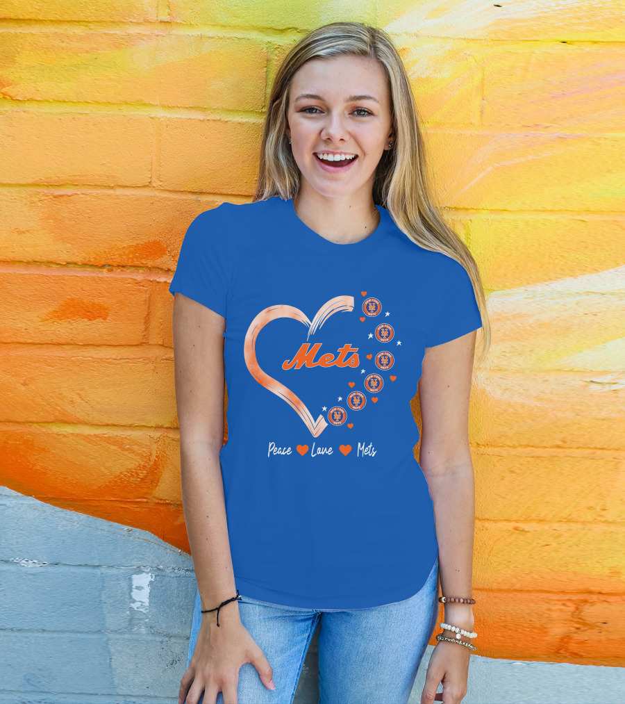 Peace Love Mets New York Mets Logos Hearts T-Shirt
