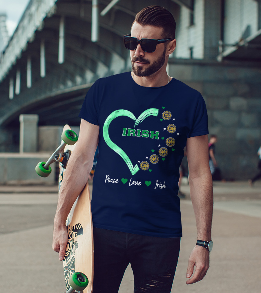 Peace Love Irish Notre Dame Fighting Irish Logos And Heart T-Shirt