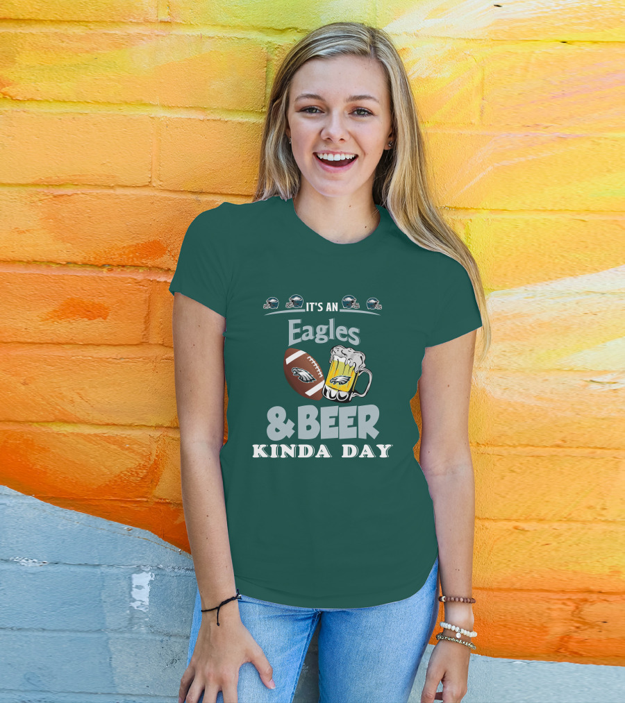 It's An Eagles And Beer Kinda Day Football And Mug With Philadelphia Eagles Helmet Icons T-Shirt