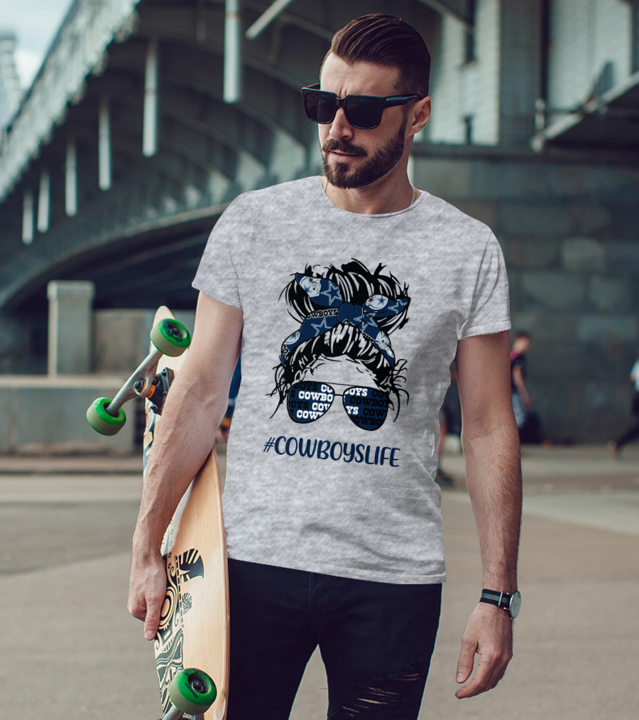 CowboysLife Messy Bun Girl Headband Glasses Dallas Cowboys T-Shirt
