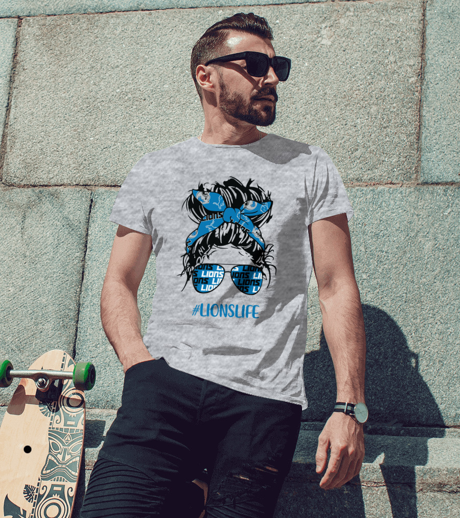 Detroit Lions Life Messy Bun Girl With Lions Headband And #LIONSLIFE Glasses T-Shirt