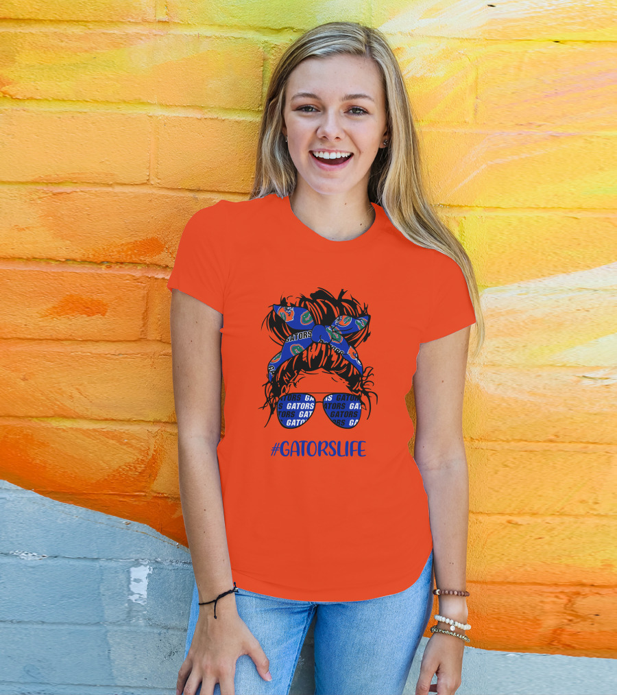 GATORS LIFE Messy Bun Girl With Gators Headband And Glasses T-Shirt