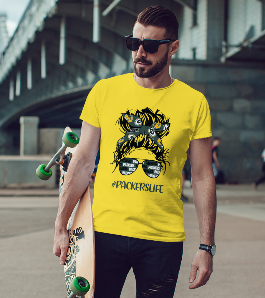 PACKERSLIFE Messy Bun Girl With Packers Headband And Glasses T-Shirt