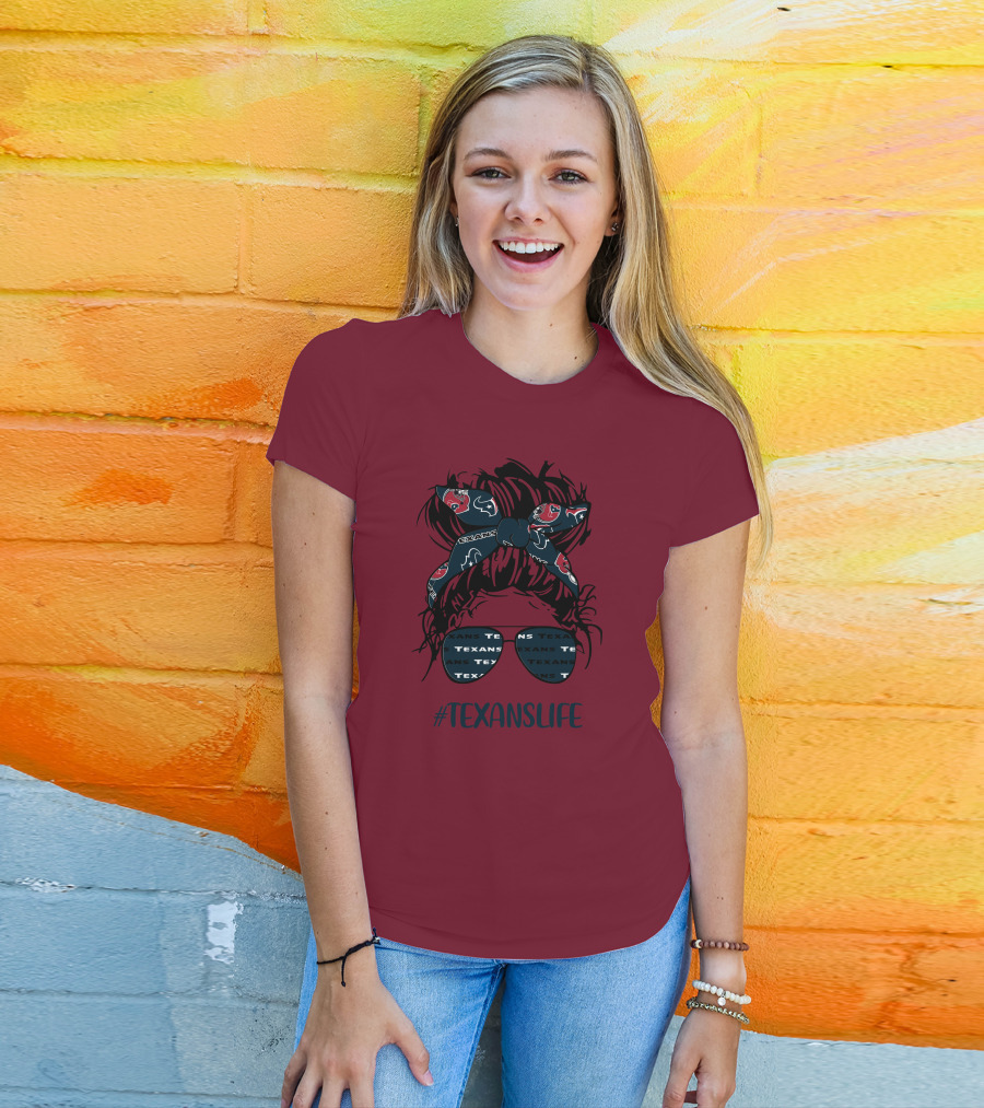 Houston Texans Hashtag Texanslife Messy Bun Headband Glasses T-Shirt