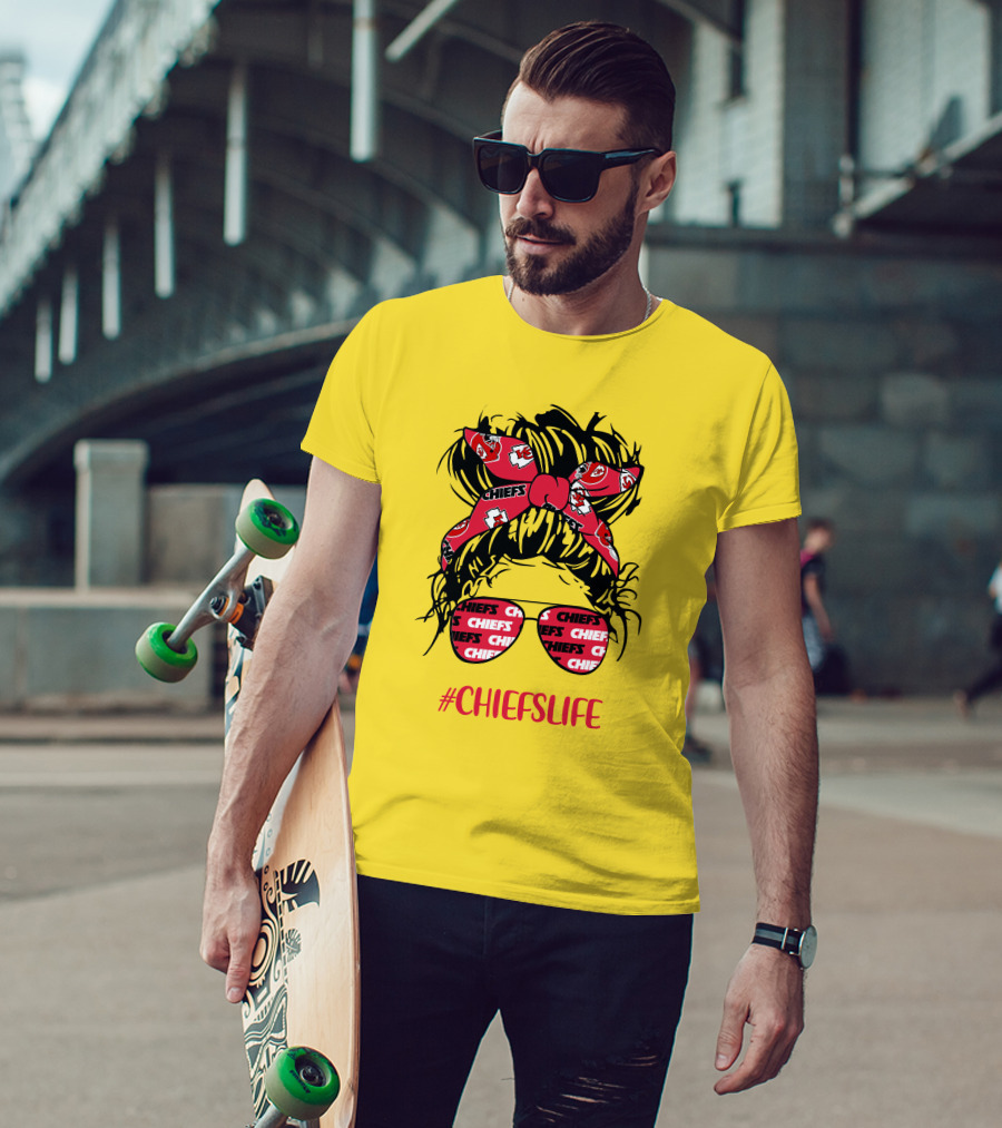 Kansas City Chiefs Life Messy Bun Girl With Chiefs Headband And CHIEFS Glasses T-Shirt