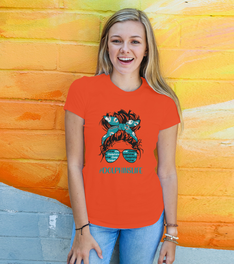 Miami Dolphins Life Messy Bun Girl Headband Glasses #DolphinsLife T-Shirt