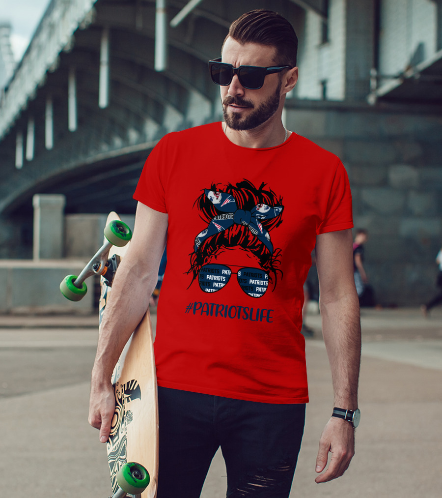 PATRIOTSLIFE New England Patriots Messy Bun Girl Headband Glasses T-Shirt