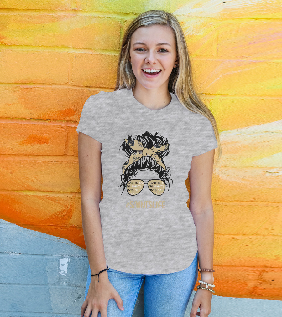 Messy Bun Girl With Saints Headband And Glasses #Saintslife T-Shirt