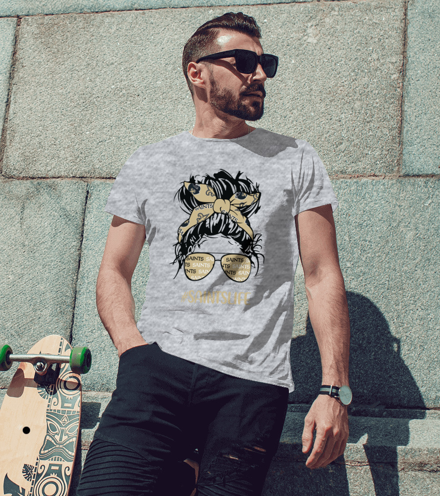 Messy Bun Girl With Saints Headband And Glasses #Saintslife T-Shirt