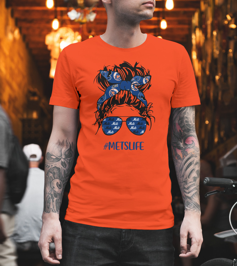 New York Mets Life Messy Bun Girl Headband Glasses #MetsLife T-Shirt