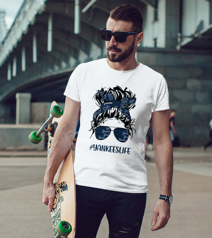 YANKEESLIFE Messy Bun Girl With Yankees Headband And Glasses T-Shirt