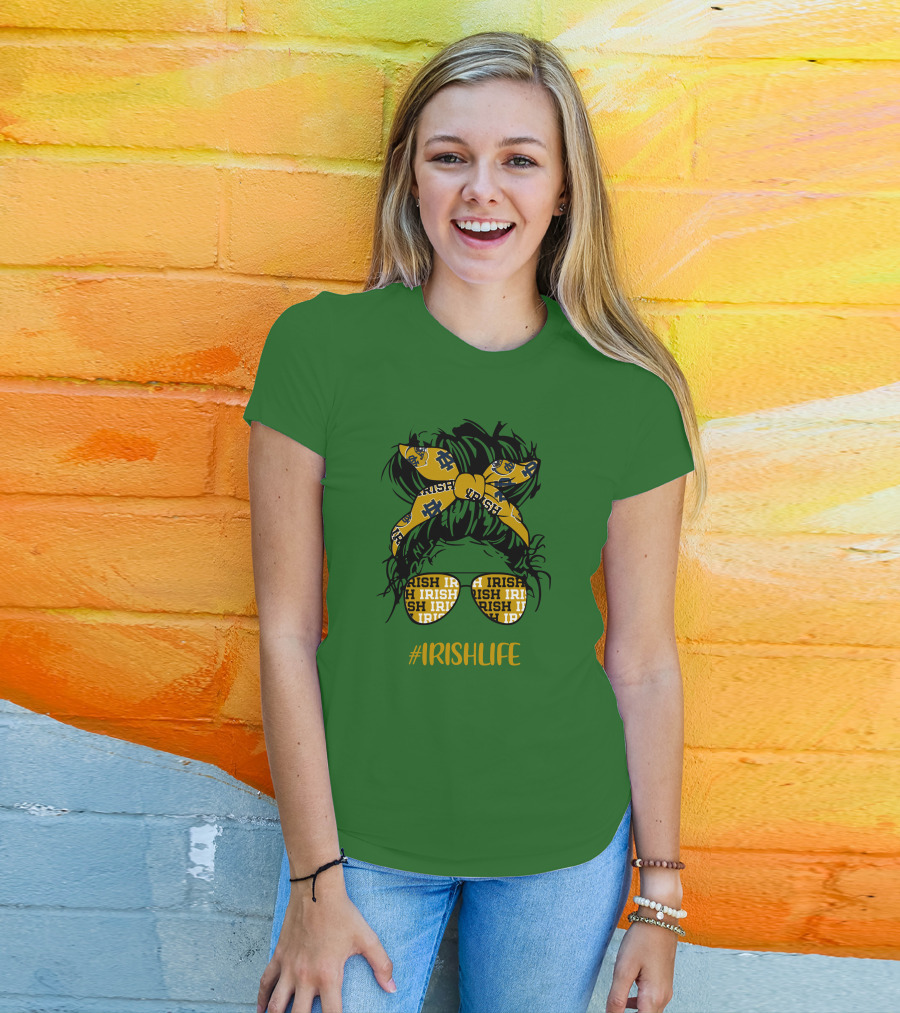 Notre Dame Fighting Irish Life Messy Bun Girl Headband Glasses #IrishLife T-Shirt