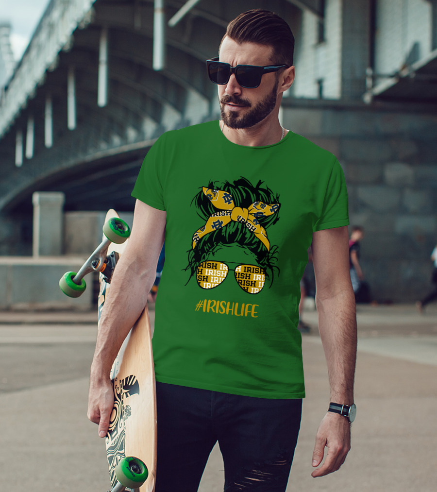Notre Dame Fighting Irish Life Messy Bun Girl Headband Glasses #IrishLife T-Shirt