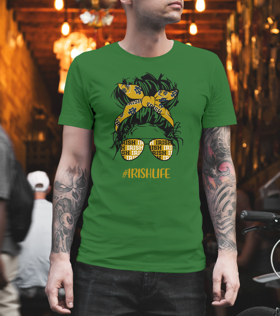 Notre Dame Fighting Irish Life Messy Bun Girl Headband Glasses #IrishLife T-Shirt