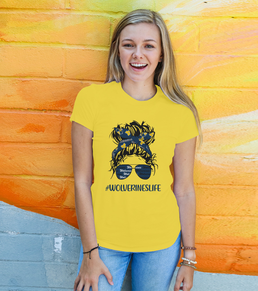 Michigan Wolverines Life Messy Bun Girl Headband Glasses Wolverines T-Shirt