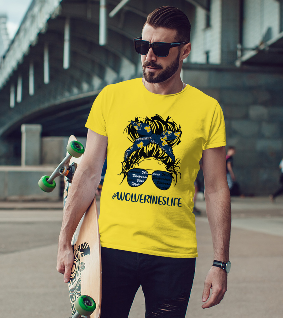 Michigan Wolverines Life Messy Bun Girl Headband Glasses Wolverines T-Shirt