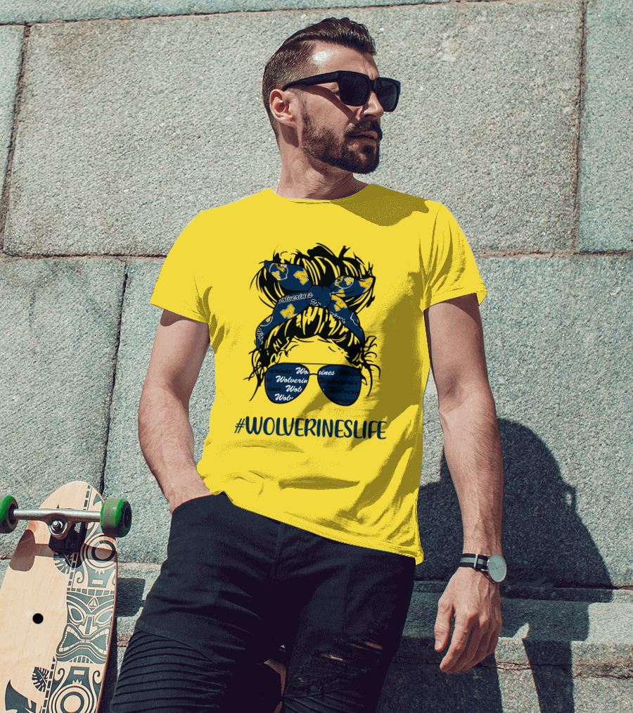 Michigan Wolverines Life Messy Bun Girl Headband Glasses Wolverines T-Shirt
