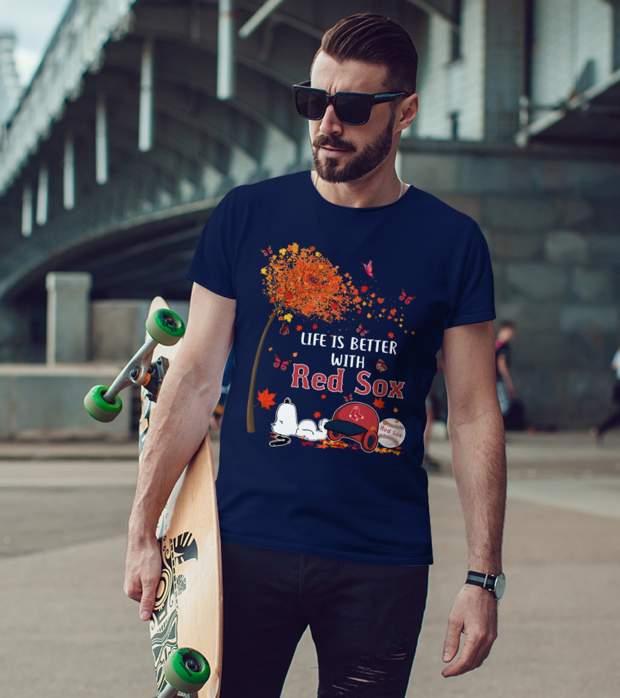 Life Is Better With Red Sox Tree Butterflies Baseball T-Shirt