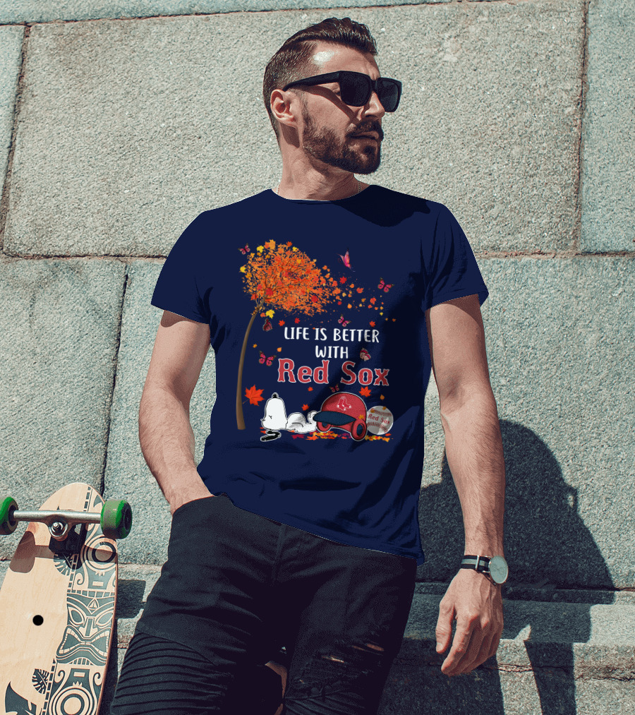 Life Is Better With Red Sox Tree Butterflies Baseball T-Shirt