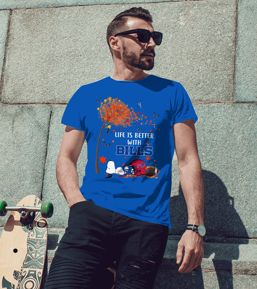 Life Is Better With Bills Buffalo Helmet And Football Under Autumn Tree With Snoopy And Butterflies T-Shirt