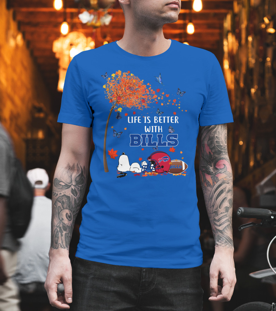 Life is Better with Bills Buffalo Helmet and Football Under Autumn Tree with Snoopy and Butterflies T-Shirt