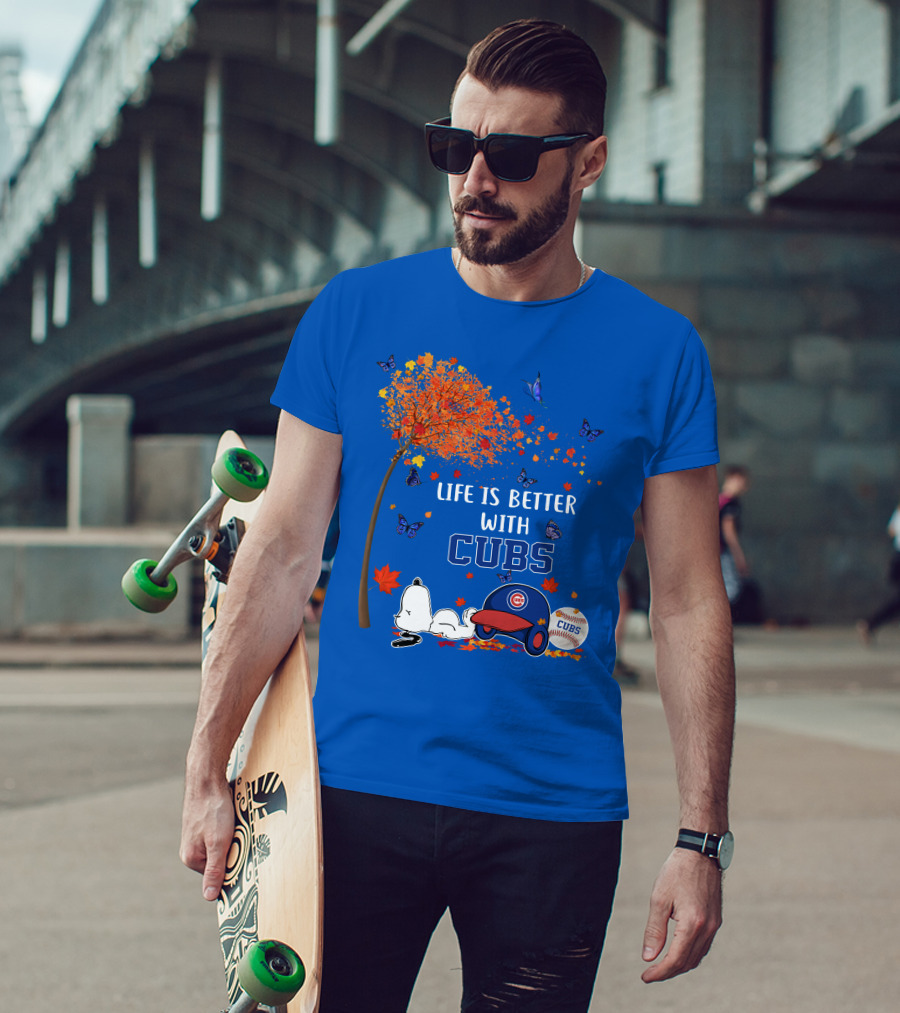 Life Is Better With Cubs Autumn Tree Baseball Hat And Ball T-Shirt