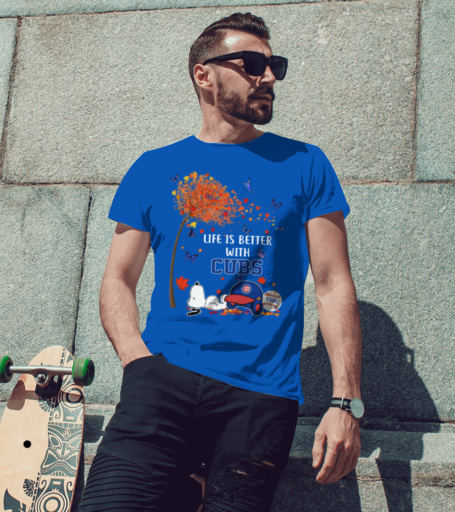Life Is Better With Cubs Autumn Tree Baseball Hat And Ball T-Shirt
