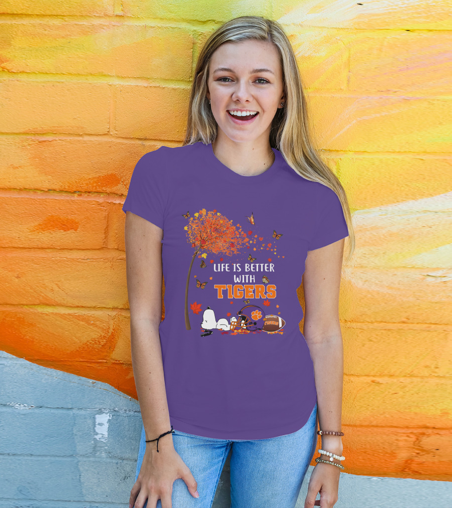 Life Is Better With Tigers Autumn Tree Snoopy Football Helmet Butterflies T-Shirt