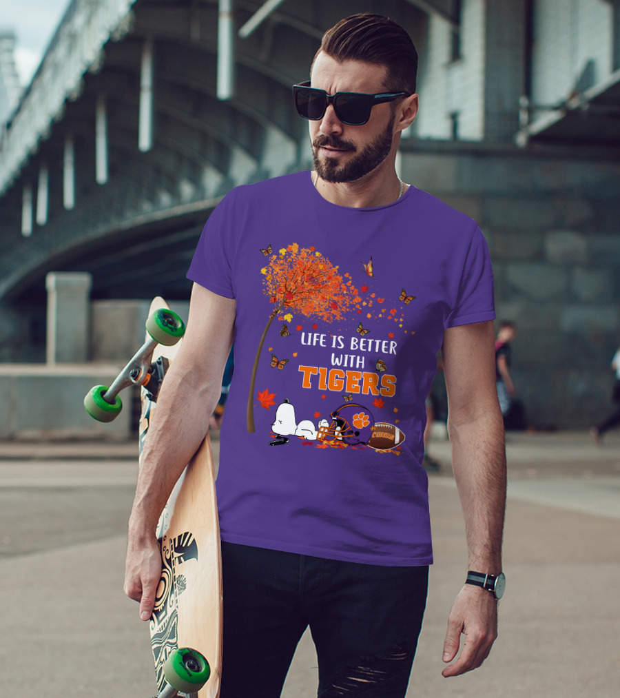 Life Is Better With Tigers Autumn Tree Snoopy Football Helmet Butterflies T-Shirt