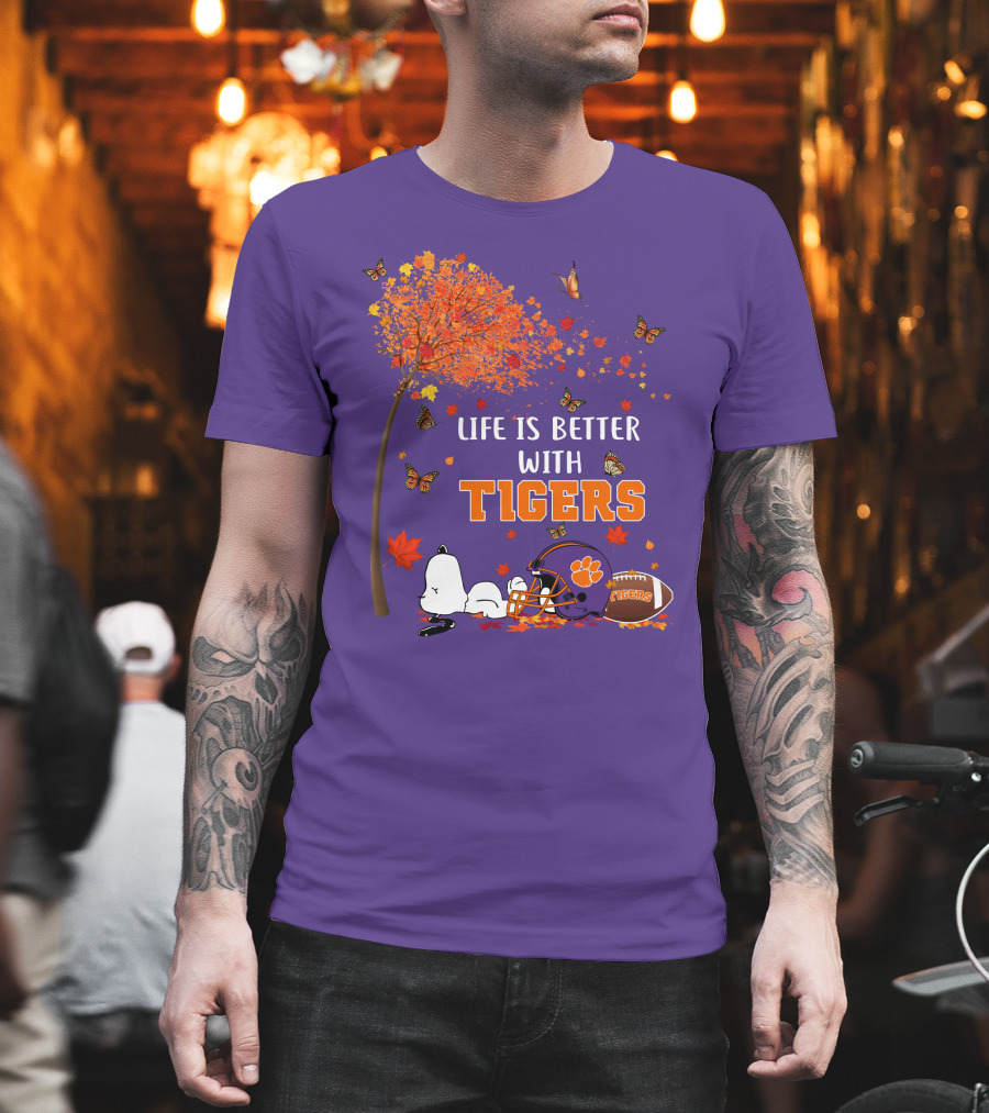 Life Is Better With Tigers Autumn Tree Snoopy Football Helmet Butterflies T-Shirt