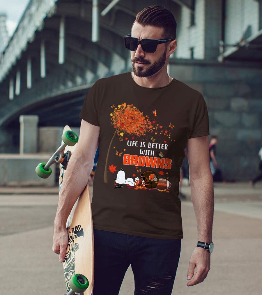Life Is Better With My Cleveland Browns Football Autumn Scene And Peanuts Character T-Shirt