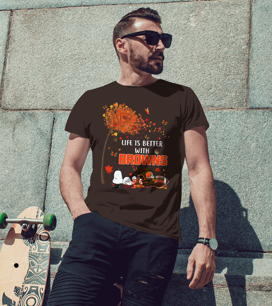 Life Is Better With My Cleveland Browns Football Autumn Scene And Peanuts Character T-Shirt