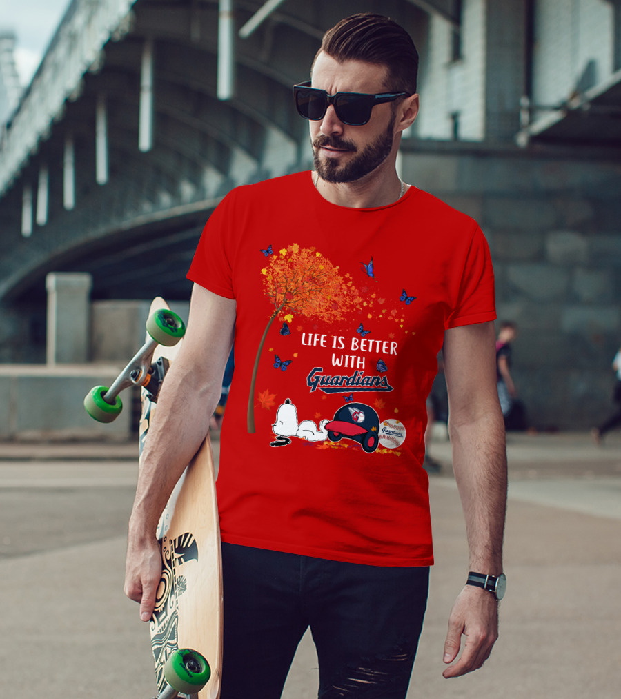 Life Is Better With Guardians Cleveland Guardians Baseball Autumn Tree Snoopy And Butterflies T-Shirt