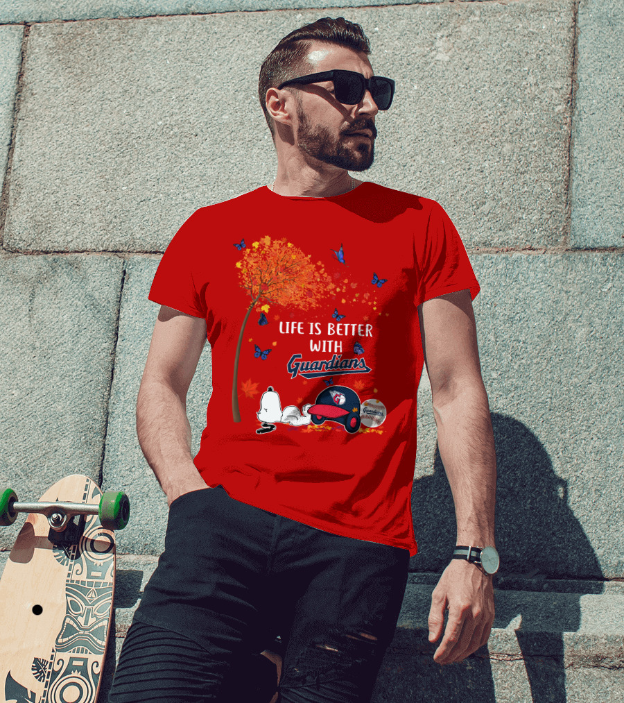 Life Is Better With Guardians Cleveland Guardians Baseball Autumn Tree Snoopy And Butterflies T-Shirt