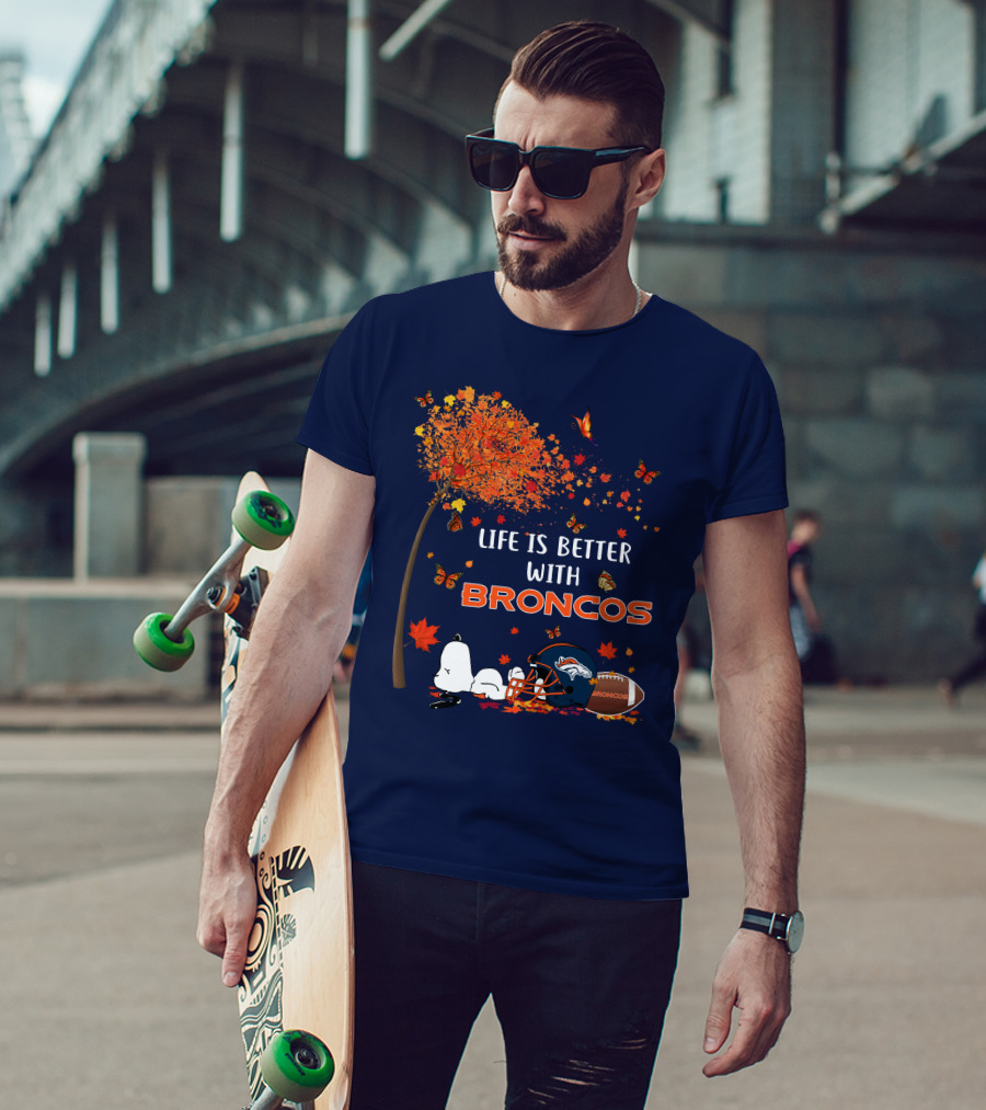 Life Is Better With Broncos Tree Butterflies Helmet Football T-Shirt