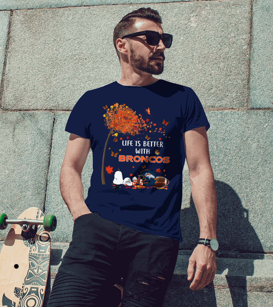 Life Is Better With Broncos Tree Butterflies Helmet Football T-Shirt