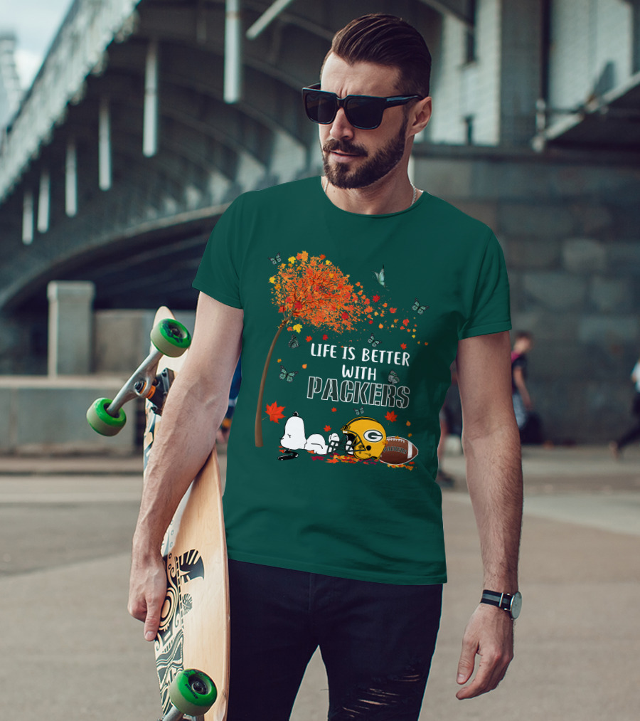 Life Is Better With Packers Green Bay Football Autumn Snoopy Leaves T-Shirt