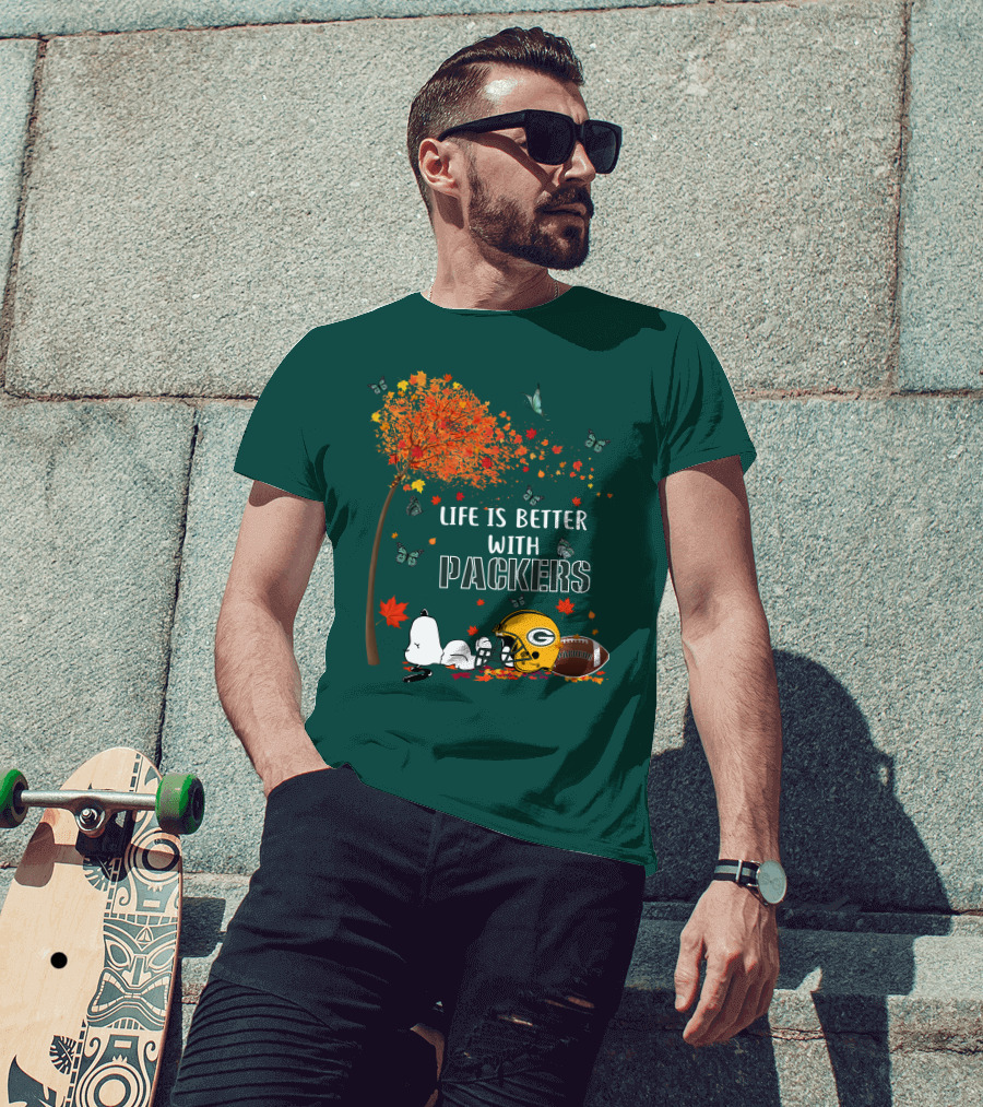 Life Is Better With Packers Green Bay Football Autumn Snoopy Leaves T-Shirt