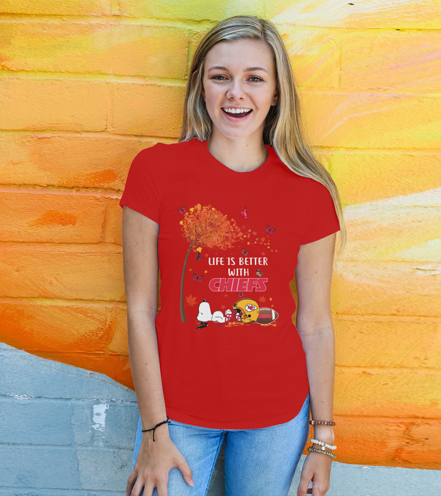 Life Is Better With Chiefs Fall Football Theme Snoopy And Butterflies T-Shirt