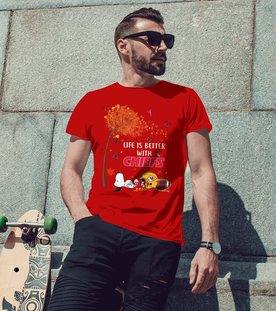 Life Is Better With Chiefs Fall Football Theme Snoopy And Butterflies T-Shirt