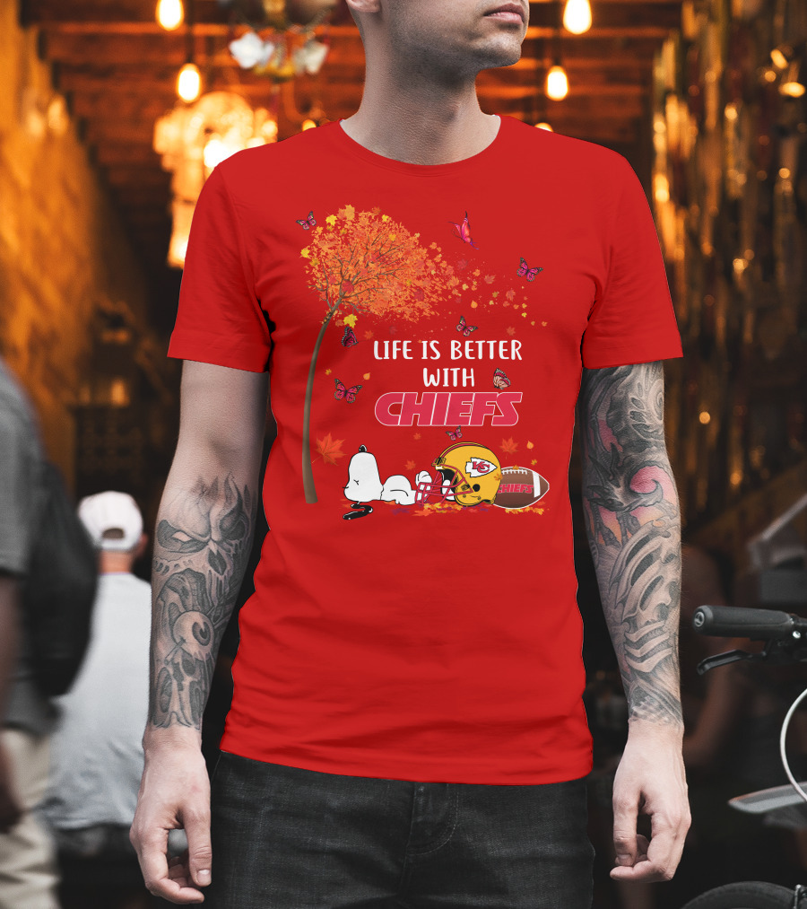 Life Is Better with Chiefs Fall Football Theme Snoopy and Butterflies T-Shirt