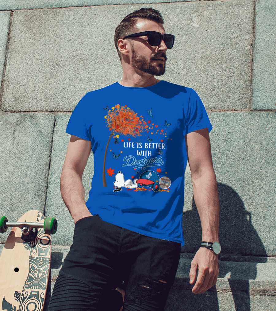 Life Is Better With Dodgers Autumn Leaves Snoopy Baseball Cap And Ball T-Shirt