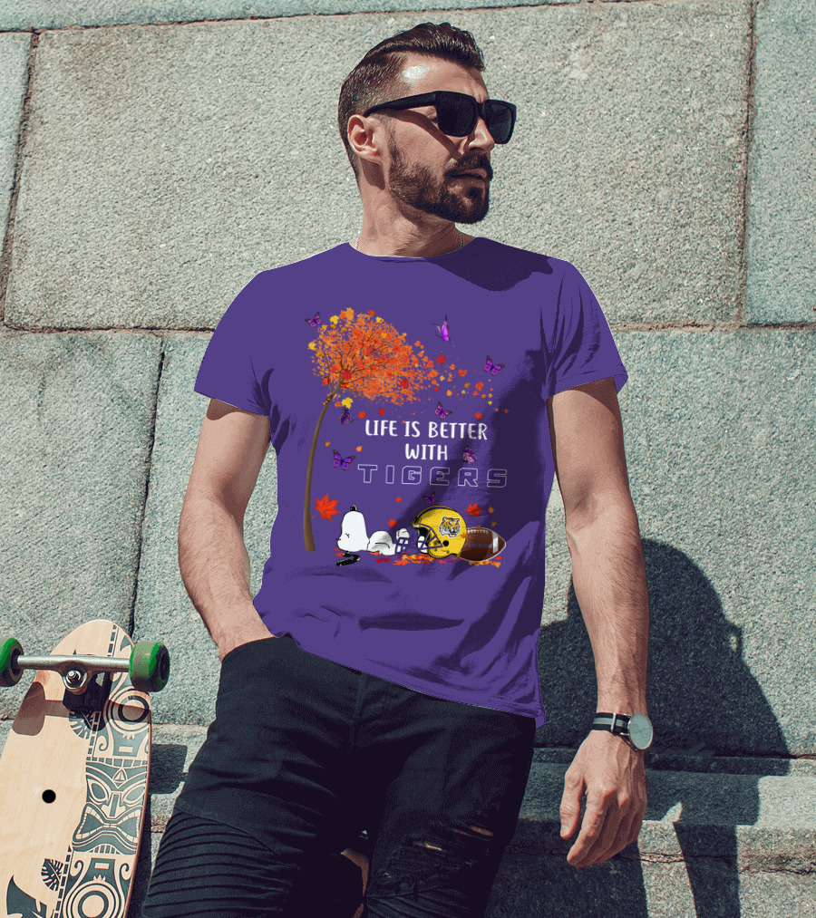 Life Is Better With Tigers Football Leaves Butterflies Helmet T-Shirt