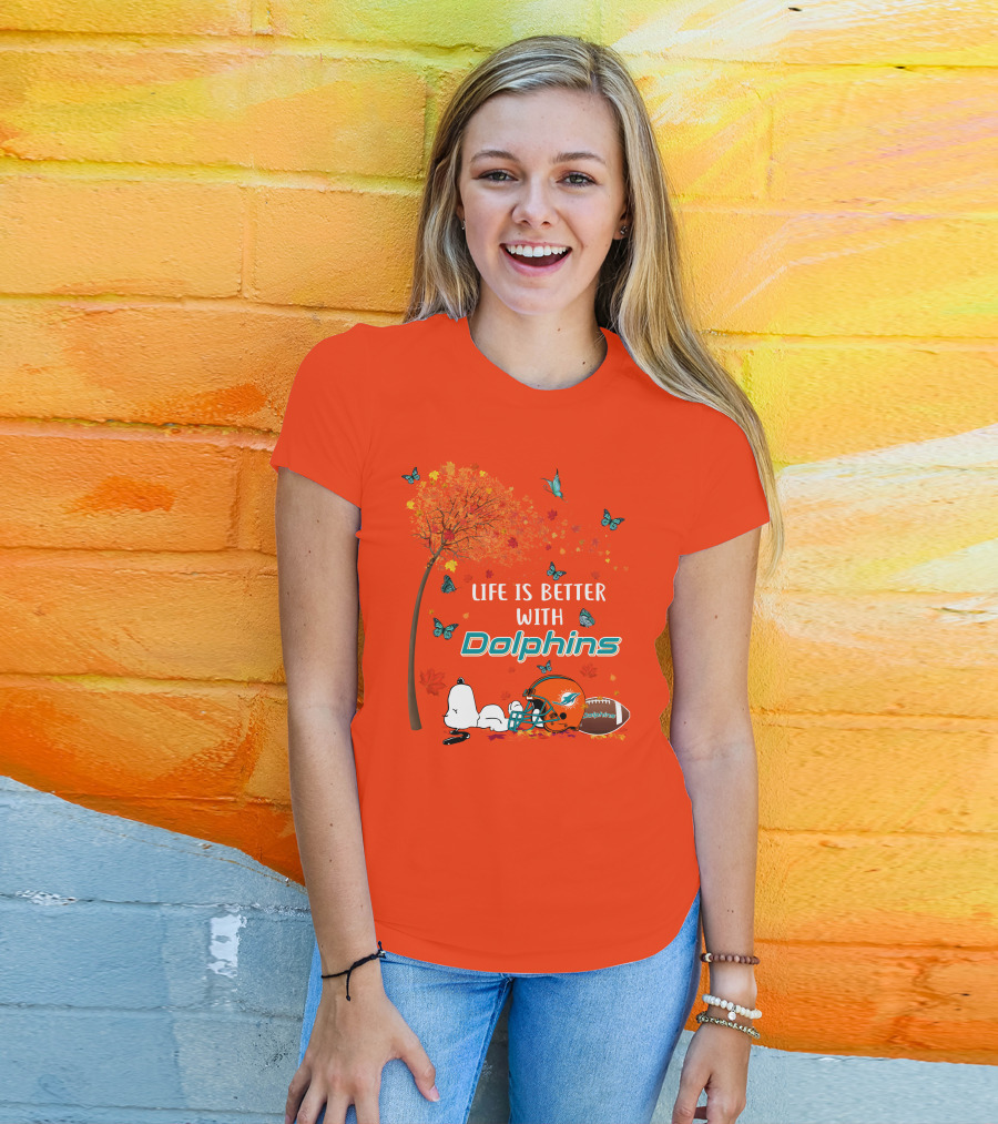 Life Is Better With Dolphins Miami Football Autumn Tree Snoopy Butterflies T-Shirt