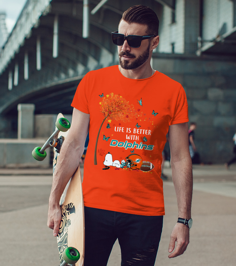 Life Is Better With Dolphins Miami Football Autumn Tree Snoopy Butterflies T-Shirt